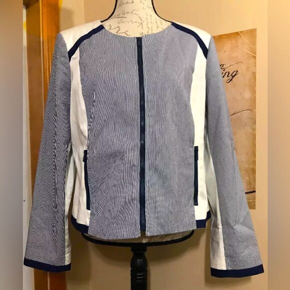 Jones New York Stretch Blue White Long Sleeve Zip Career Suit Jacket - 14 - Picture 1 of 8